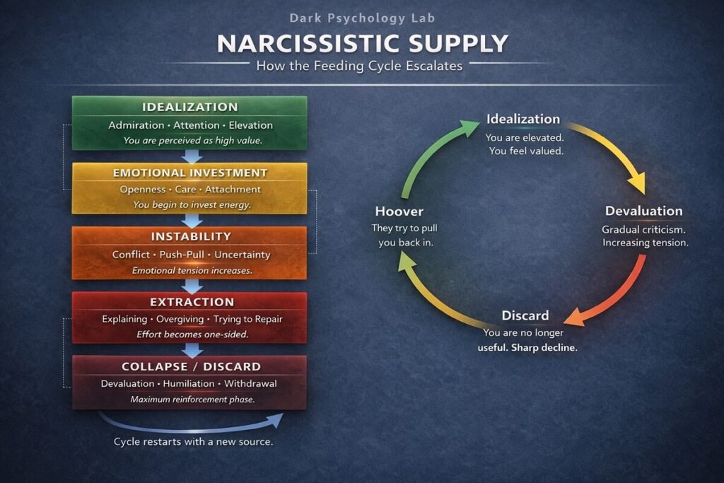 Infographic showing the narcissistic supply cycle with five stages: idealization, emotional investment, instability, extraction, collapse, and the idealization-devaluation-discard-hoover loop.