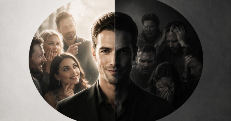 A split hero image showing a confident central figure receiving admiration on one side and causing pain, confusion, anger, and emotional distress on the other, illustrating positive and negative narcissistic supply.