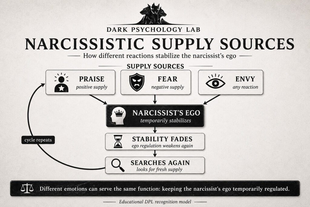 Infographic showing how praise, fear, envy, and emotional reactions can temporarily stabilize the narcissist’s ego before the effect fades and the search for new narcissistic supply begins again.