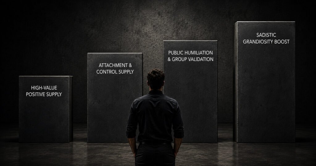 Young man facing four rising columns representing high-value positive supply, attachment and control supply, public humiliation, and sadistic grandiosity boost.