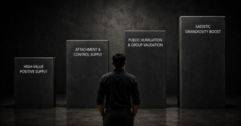 Young man facing four rising columns representing high-value positive supply, attachment and control supply, public humiliation, and sadistic grandiosity boost.