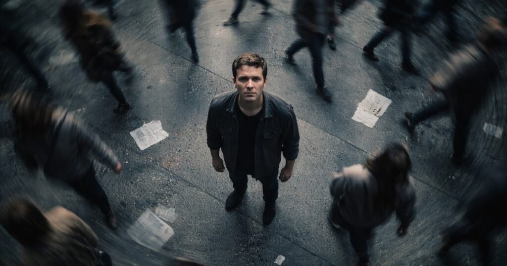 Man standing still in a crowded city while people blur around him, symbolizing psychological manipulation and covert social influence.