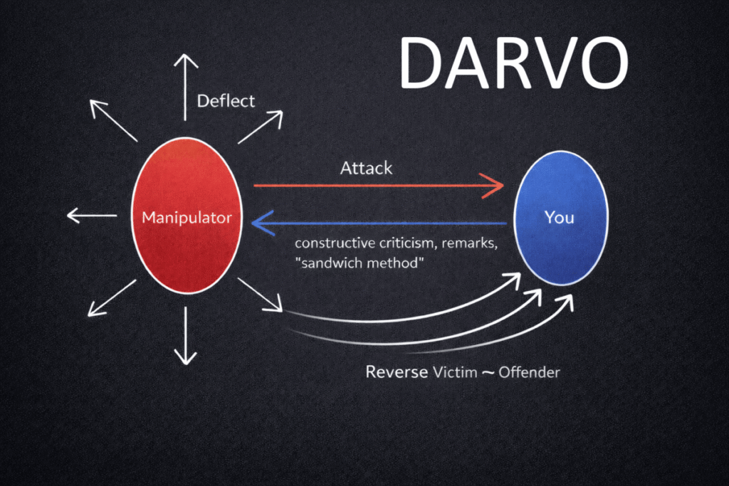 DARVO manipulation model diagram illustrating deflection, attack, and reverse victim and offender dynamics between manipulator and target.