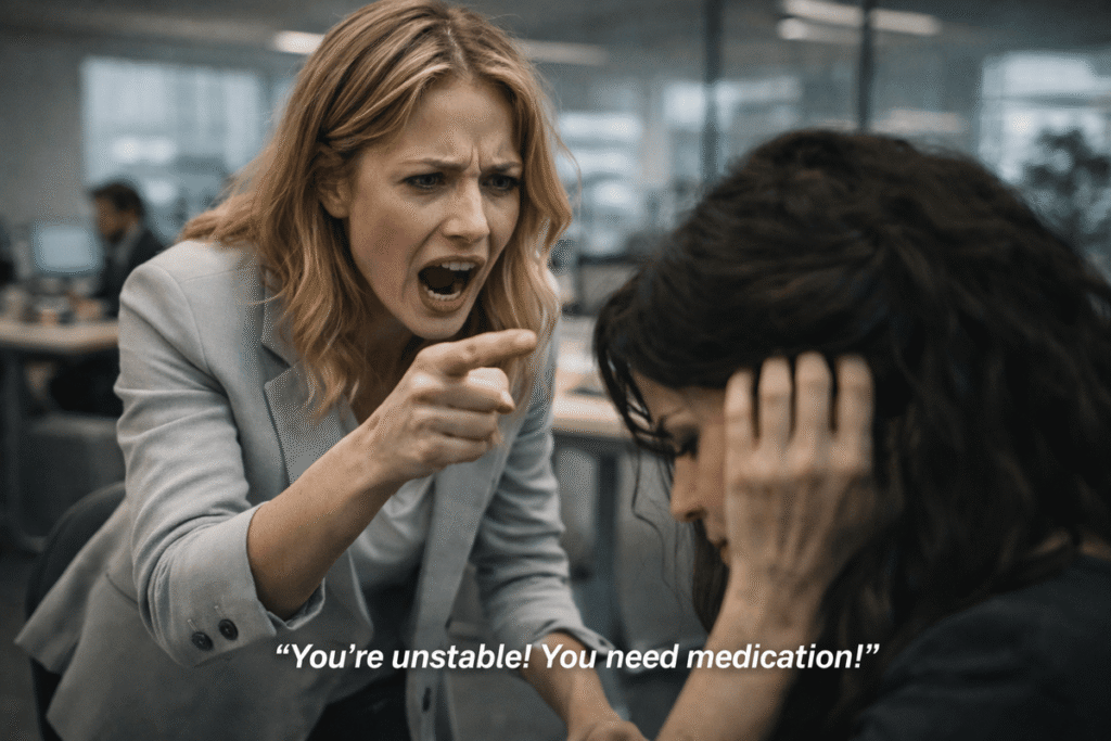 Person aggressively accusing a distressed colleague in a workplace setting, illustrating the attack phase of DARVO manipulation and aggressive gaslighting.