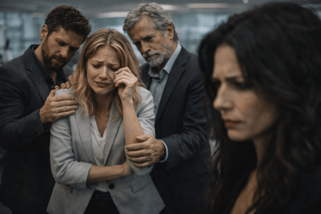 Workplace colleagues supporting a distressed employee while another person is isolated, illustrating reputation manipulation and DARVO dynamics in a professional environment.