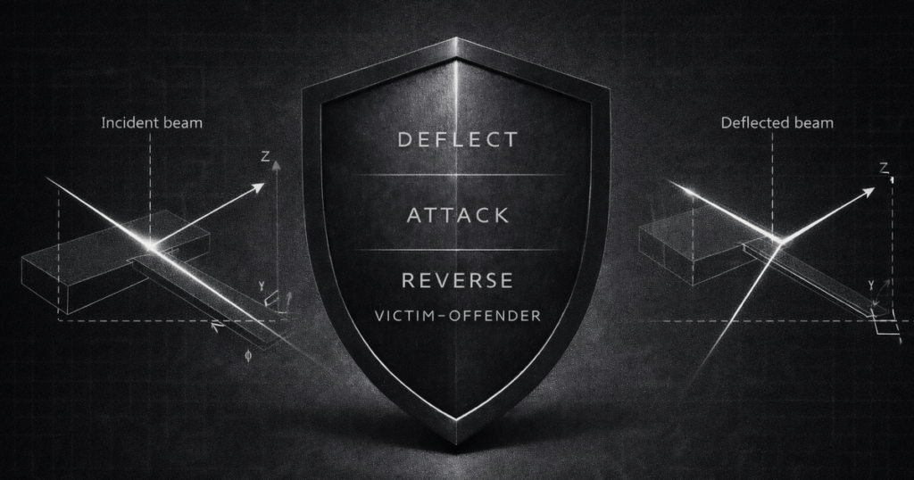 DARVO gaslighting defense shield illustrating deflect, attack, and reverse victim-offender mechanism