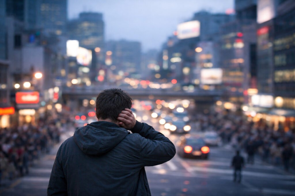 Man standing alone in a busy city at dusk, holding his head while surrounded by noise and traffic, symbolizing emotional overload and the need for a healthy pause.