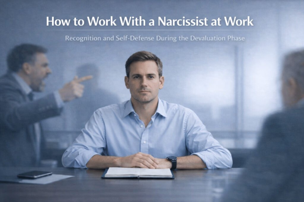 Calm employee sitting upright at a meeting table while an aggressive colleague gestures in the background during a workplace conflict.