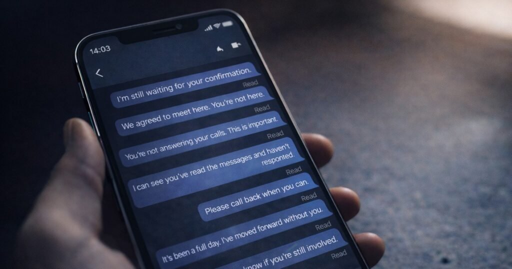 Smartphone screen showing unanswered messages marked as read, representing silent treatment and psychological withdrawal.