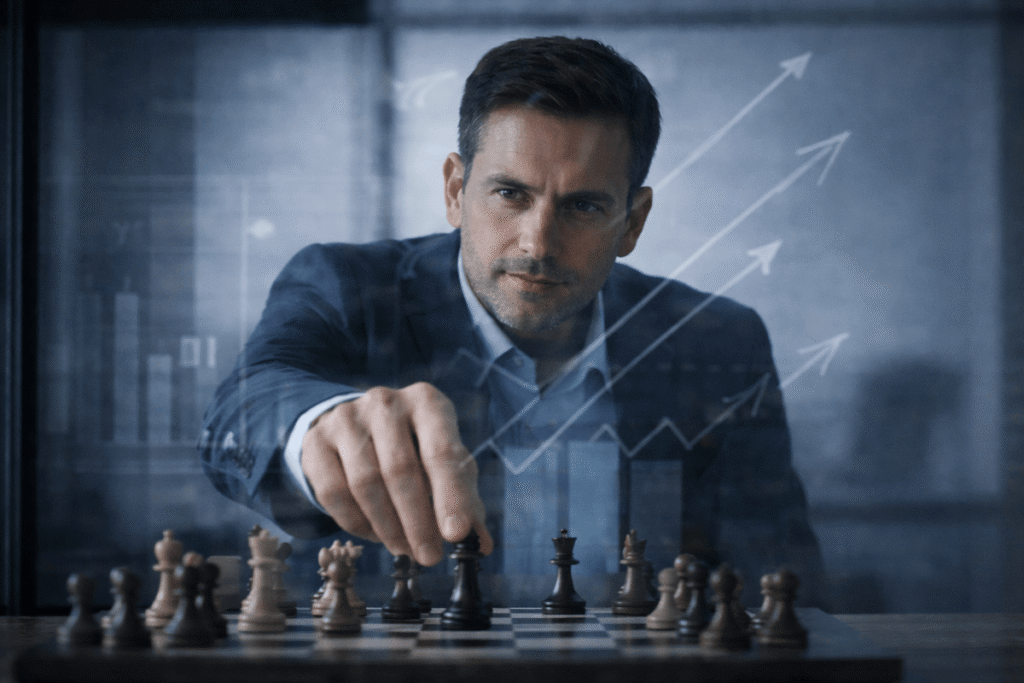 Professional man moving a chess piece on a board, symbolizing strategic decision-making and long-term career planning in a workplace context.