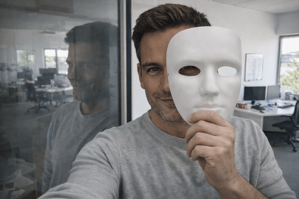 Man holding a white mask in front of his face while smiling, symbolizing false sincerity and hidden intent in workplace narcissistic behavior.