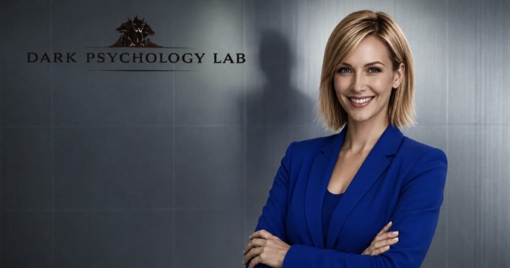 Professional woman representing covert narcissistic workplace dynamic with shadow silhouette behind her, Dark Psychology Lab logo.