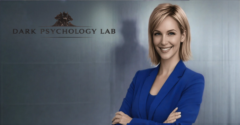 Professional woman representing covert narcissistic workplace dynamic with shadow silhouette behind her, Dark Psychology Lab.