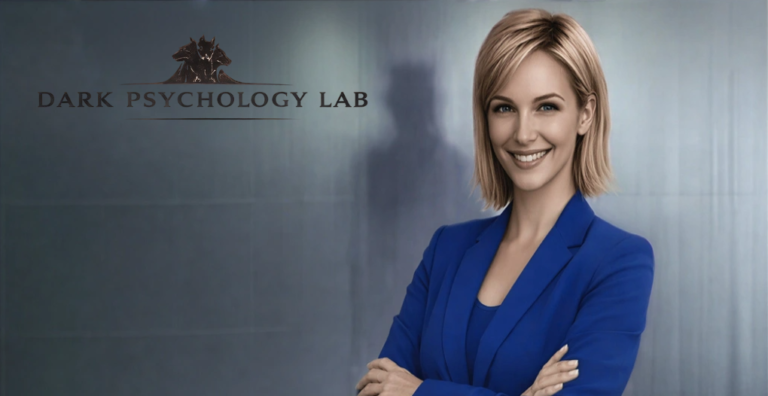 Professional woman representing covert narcissistic workplace dynamic with shadow silhouette behind her, Dark Psychology Lab logo.