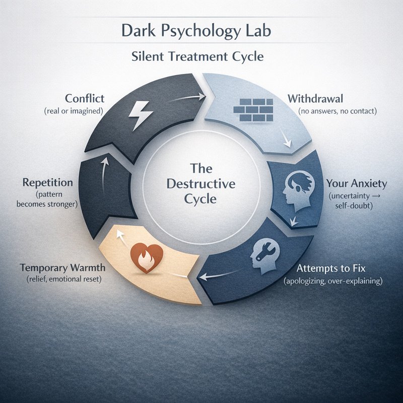 Infographic showing the destructive cycle of silent treatment: conflict, withdrawal, anxiety, attempts to fix, temporary warmth, and repetition.