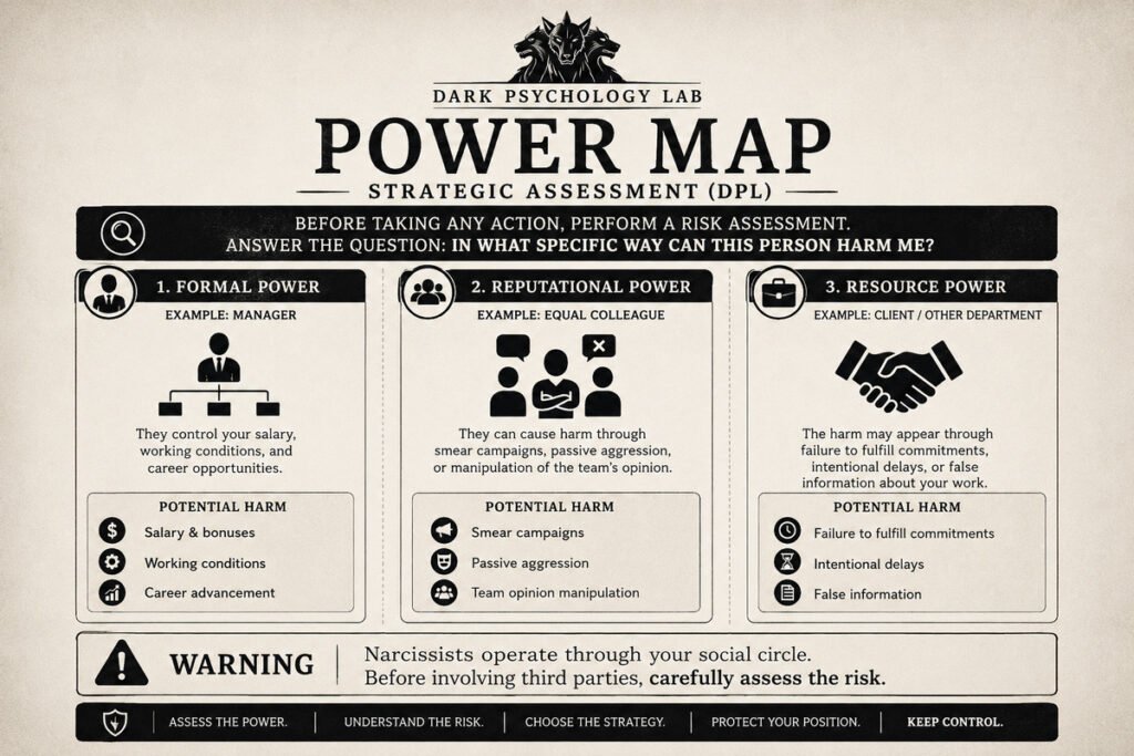 Infographic comparing formal, reputational, and resource power in workplace conflicts, including potential harm and escalation options.