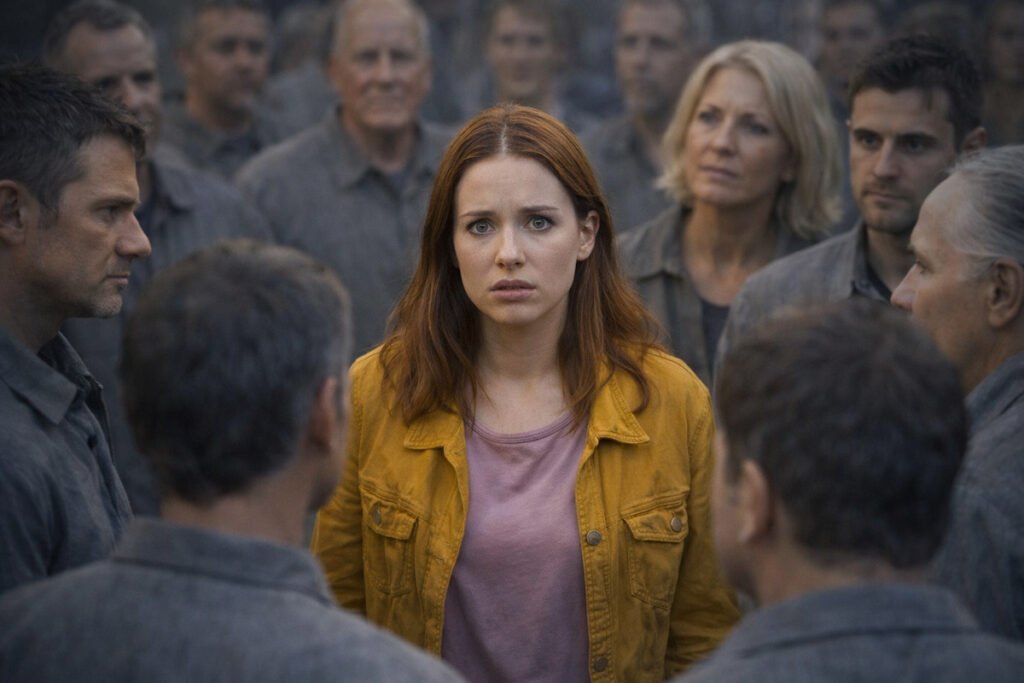 Woman surrounded by grey group of people representing flying monkeys applying social pressure and isolation