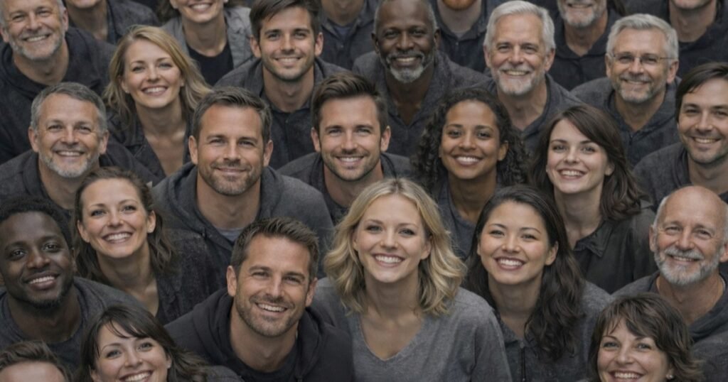 Group of people looking up and smiling, representing flying monkeys and social pressure in manipulation