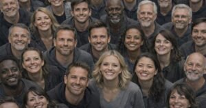 Group of people looking up and smiling, representing flying monkeys and social pressure in manipulation