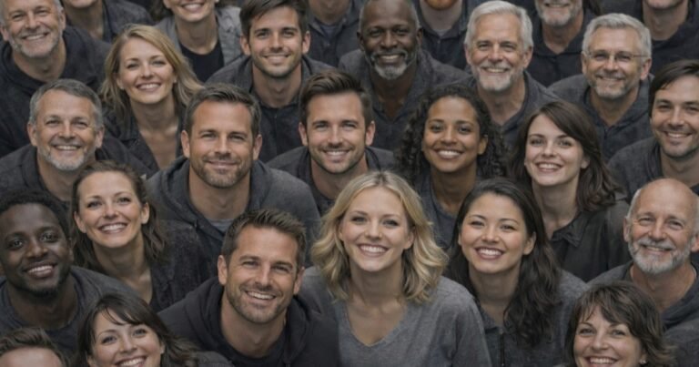 Group of people looking up and smiling, representing flying monkeys and social pressure in manipulation