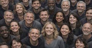 Group of people looking up and smiling, representing flying monkeys and social pressure in manipulation