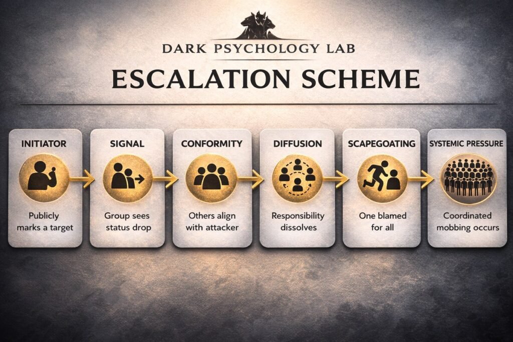 Infographic showing the DPL group pressure escalation model: initiator, signal, conformity, diffusion of responsibility, scapegoating, and systemic pressure.