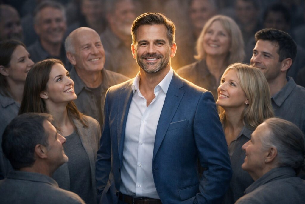 Charismatic manipulator surrounded by people in grey clothing who admire and trust him, illustrating social proof manipulation