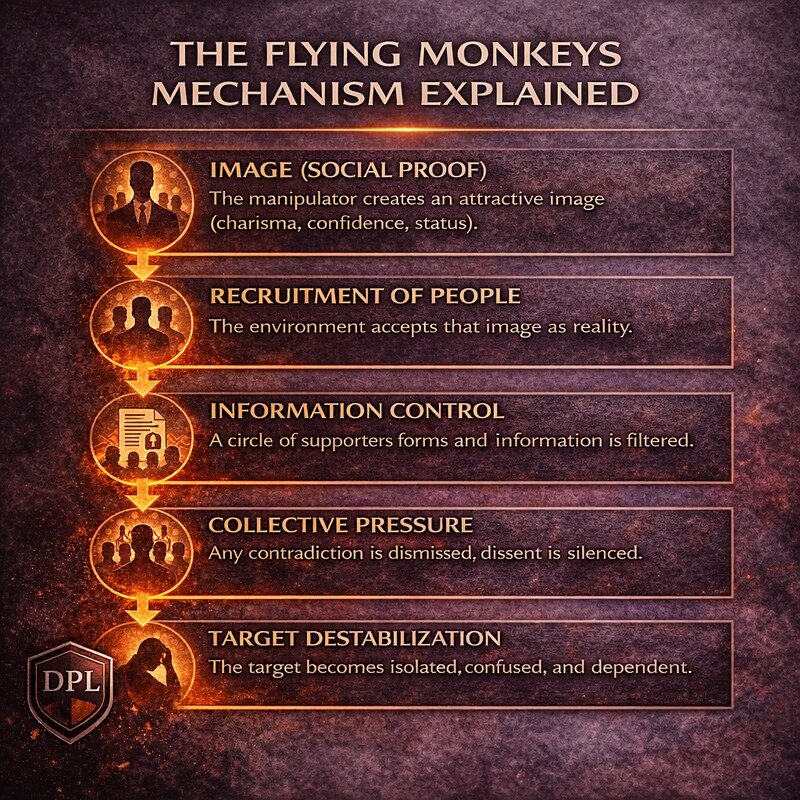 Flying monkeys mechanism explained: social proof, recruitment, information control, collective pressure, and target destabilization