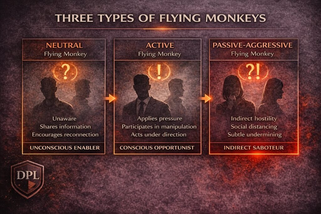 Flying monkeys roles explained: unconscious enabler, active operator, and indirect saboteur in toxic environments
