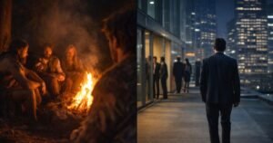 Split image showing tribal exclusion around a fire and a modern professional isolated at night, illustrating how ancient social survival systems still shape workplace mobbing.