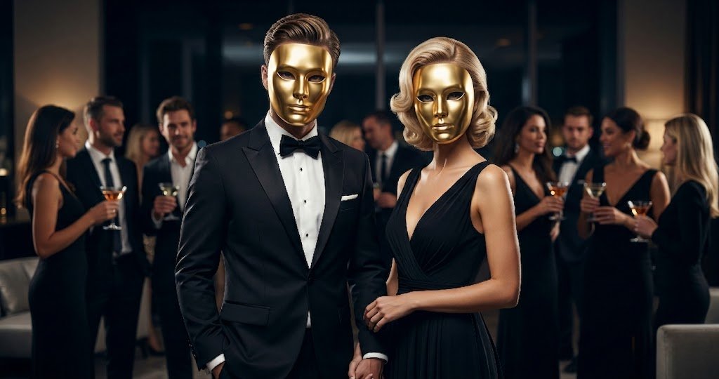 Elegant man and woman wearing golden masks symbolizing narcissistic social facades and hidden personality structures.