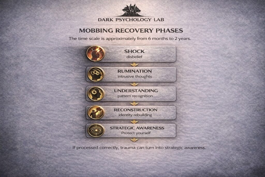 Infographic showing the psychological recovery phases after workplace mobbing: shock, rumination, understanding, reconstruction, and strategic awareness.