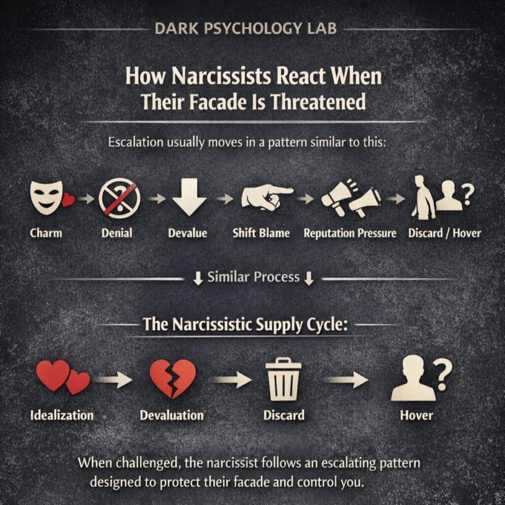 Infographic showing how narcissists react when their facade is threatened: charm, denial, devaluation, blame shifting, reputation pressure, discard or hover, with comparison to the narcissistic supply cycle