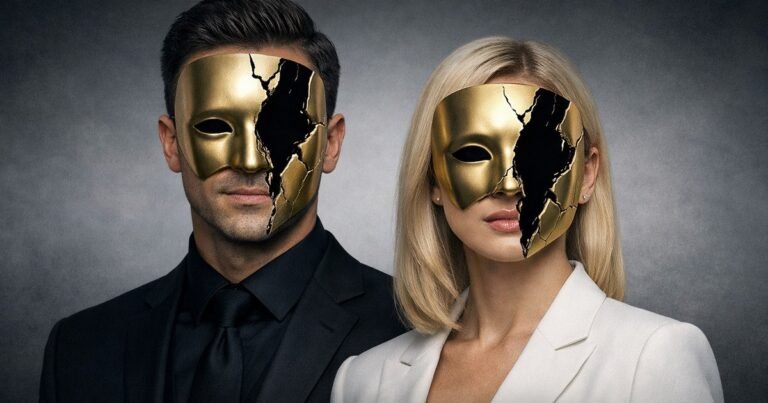 Man and woman wearing cracked golden masks symbolizing the narcissistic facade and hidden personality traits.