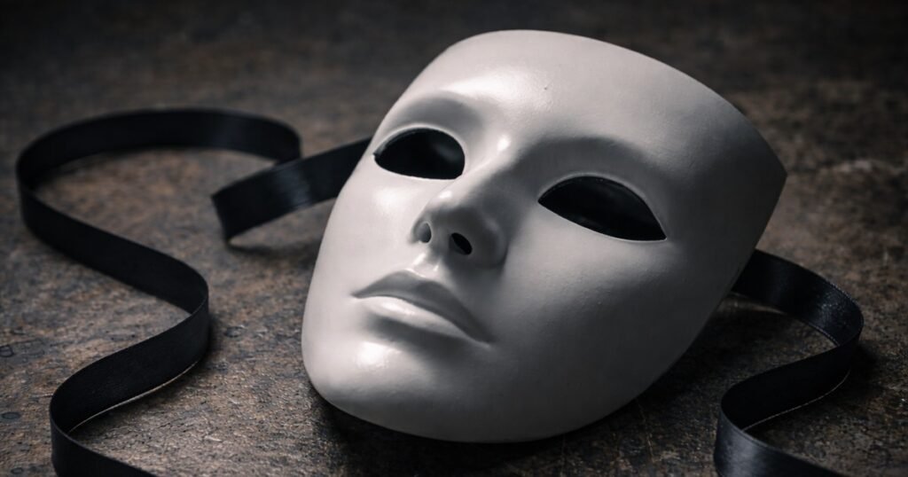 White mask symbolizing the narcissistic facade, hidden identity, and emotional emptiness.