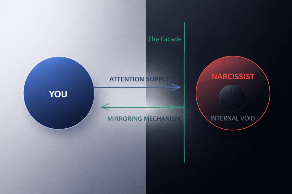 Narcissistic mirroring mechanism diagram showing attention supply sustaining the narcissist facade and internal void.