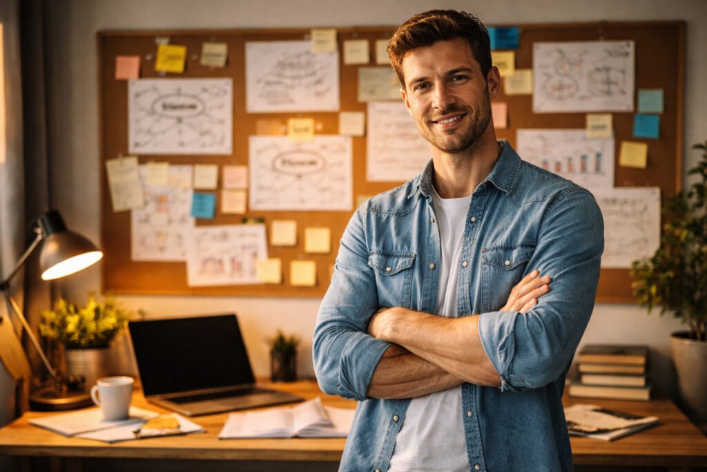 Man standing in front of a board with notes and diagrams, symbolizing analysis and pattern recognition after rumination following workplace mobbing.