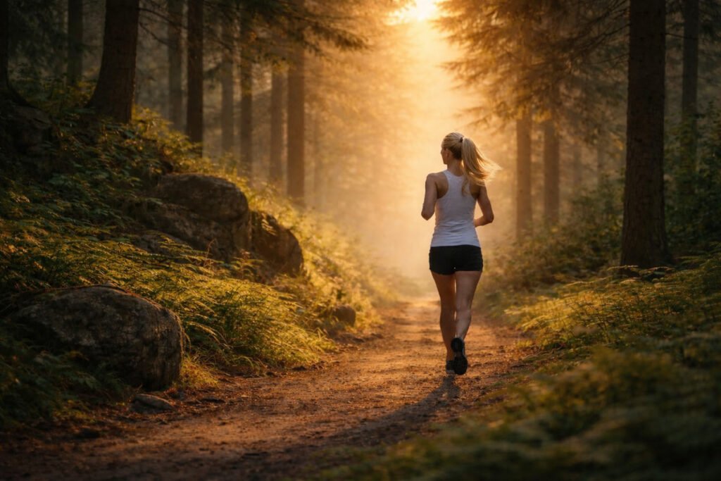 Blonde woman running on a forest trail in morning sunlight, symbolizing physical activity and nervous system recovery after chronic stress and workplace mobbing.