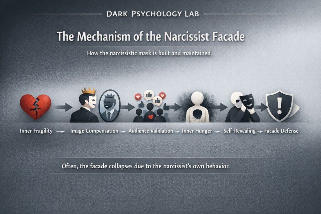 Infographic explaining the mechanism of the narcissist facade: inner fragility, image compensation, audience validation, inner emptiness, self-revealing behavior, and facade defense