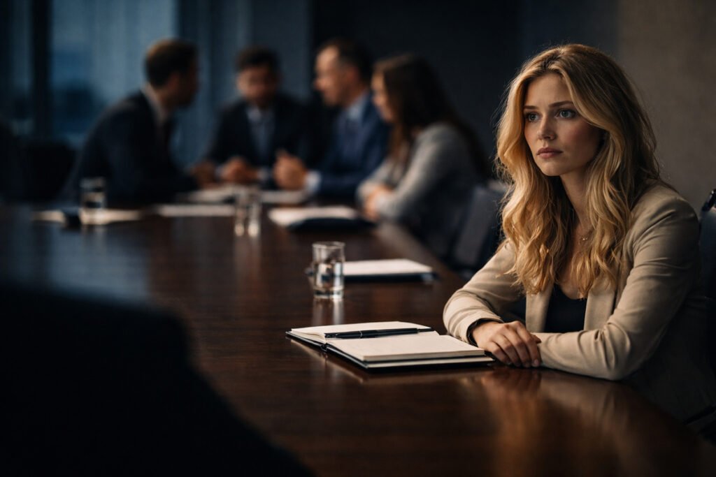 Woman sitting isolated at a meeting table while colleagues talk in the background, symbolizing group conformity and workplace mobbing.