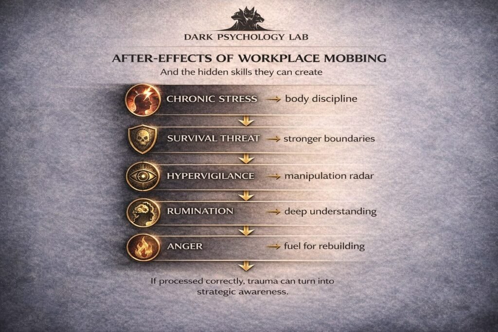 Infographic showing common psychological after-effects of workplace mobbing and the hidden strengths they may develop: chronic stress, survival threat, hypervigilance, rumination, and anger.