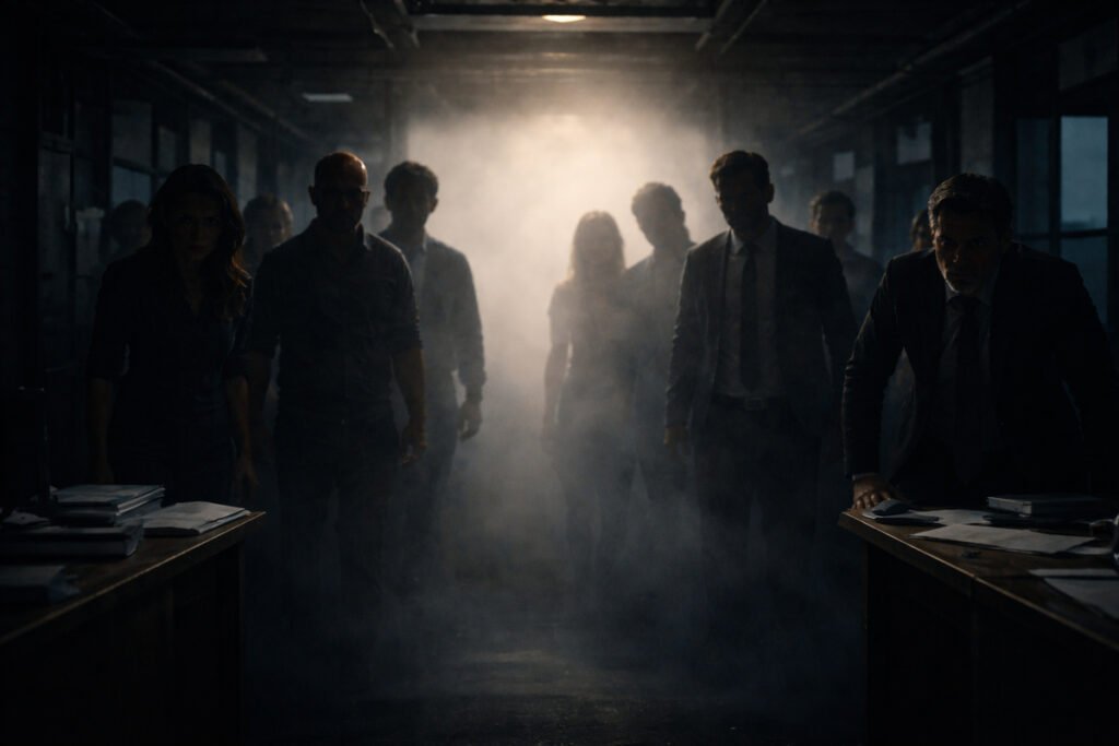 Dark office scene with a group of coworkers emerging from shadows, symbolizing workplace mobbing and the beginning of the hero’s descent into the underworld.
