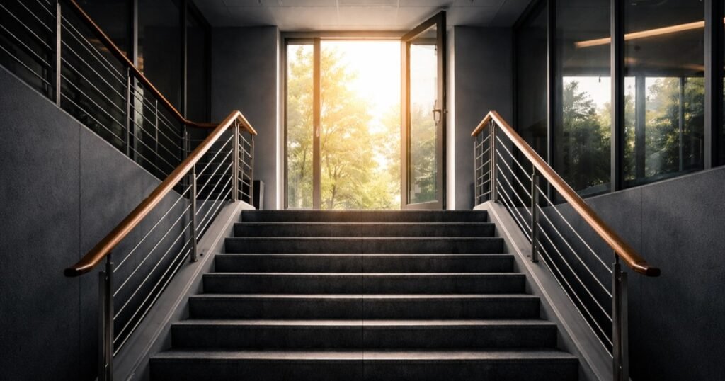 Office stairs leading from a dark interior toward a bright open door symbolizing workplace mobbing recovery and psychological healing.
