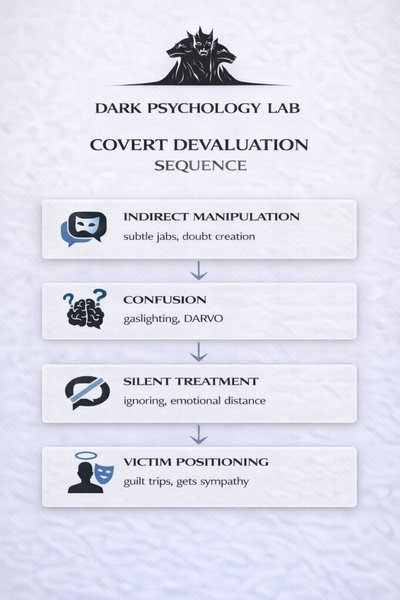 Infographic showing covert narcissist devaluation sequence including indirect manipulation, confusion, silent treatment, and victim positioning