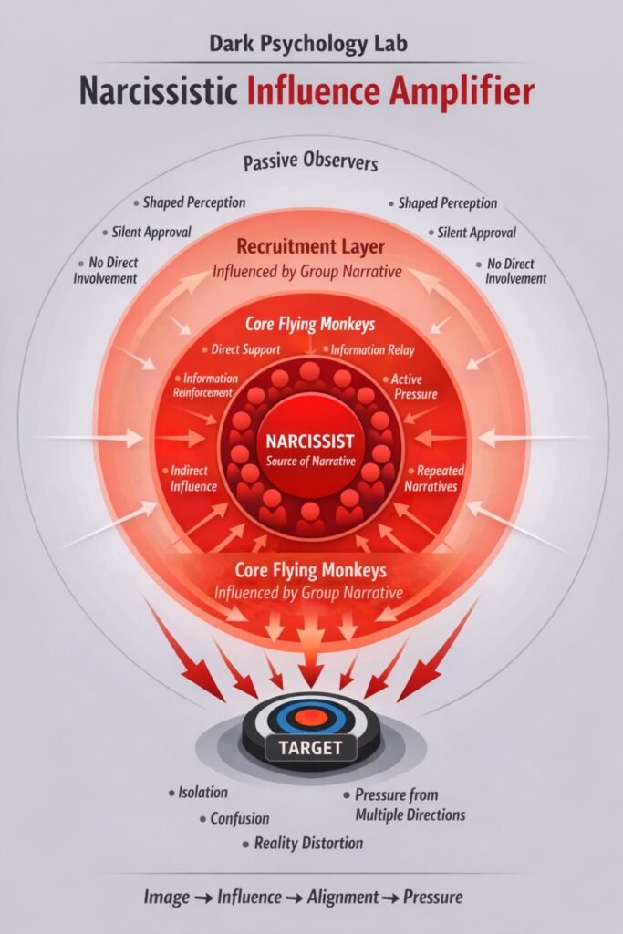 Infographic showing how flying monkeys amplify narcissistic influence through group layers, recruitment, and pressure on a target