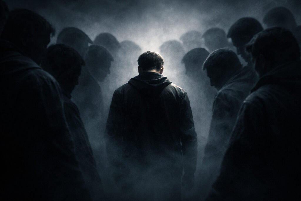 Person surrounded and isolated by a group in a dark environment, representing psychological pressure and the impact of flying monkeys