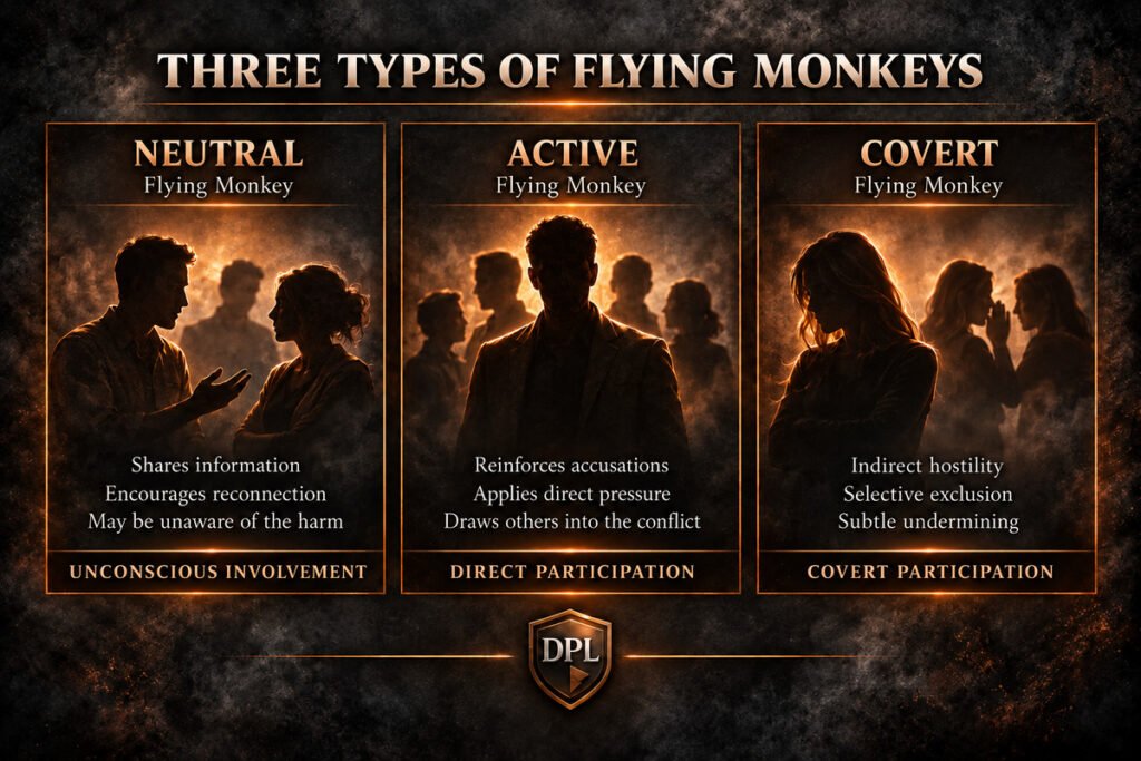 Infographic showing three types of flying monkeys: neutral, active, and covert, with signs of unconscious, direct, and indirect participation.