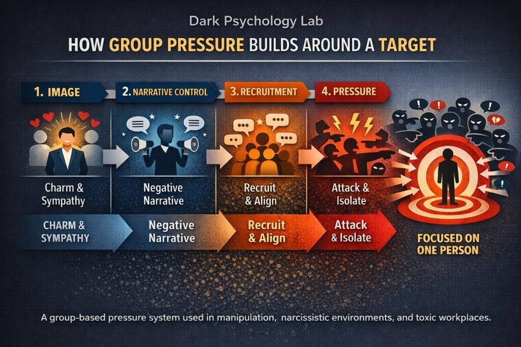 Group pressure system infographic showing how influence builds around a target through image, narrative control, recruitment, and social pressure.
