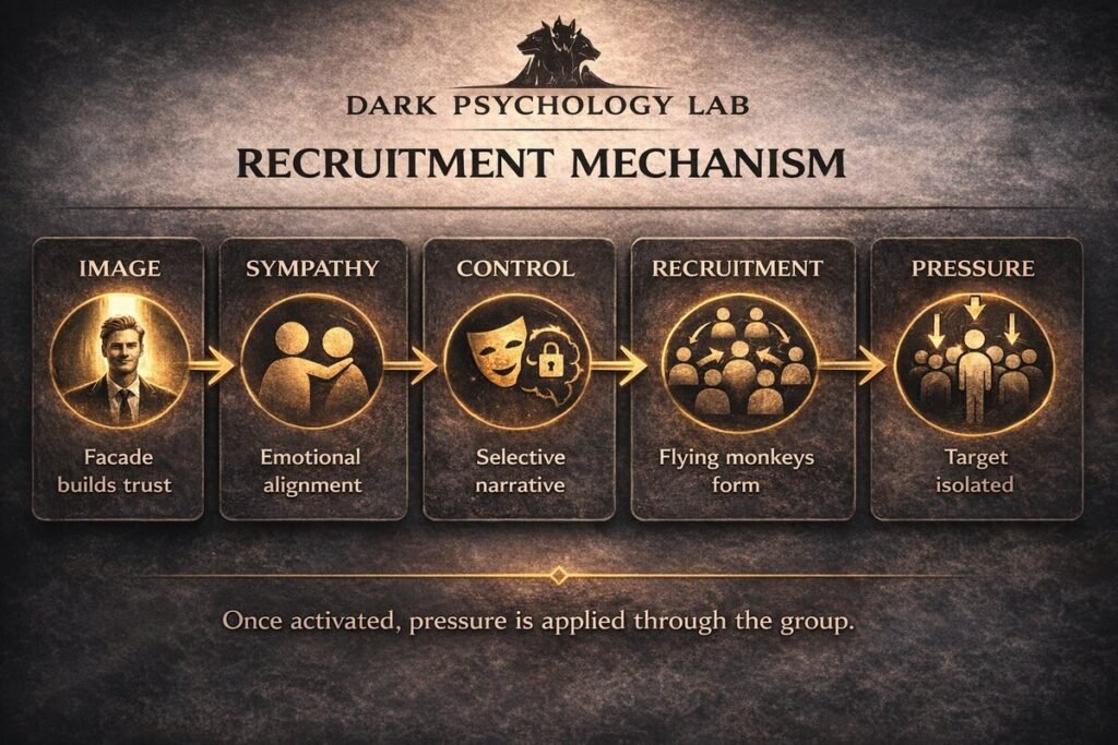 Infographic showing how people are recruited and used in narcissistic environments through image, sympathy, information control, recruitment, and pressure on the target