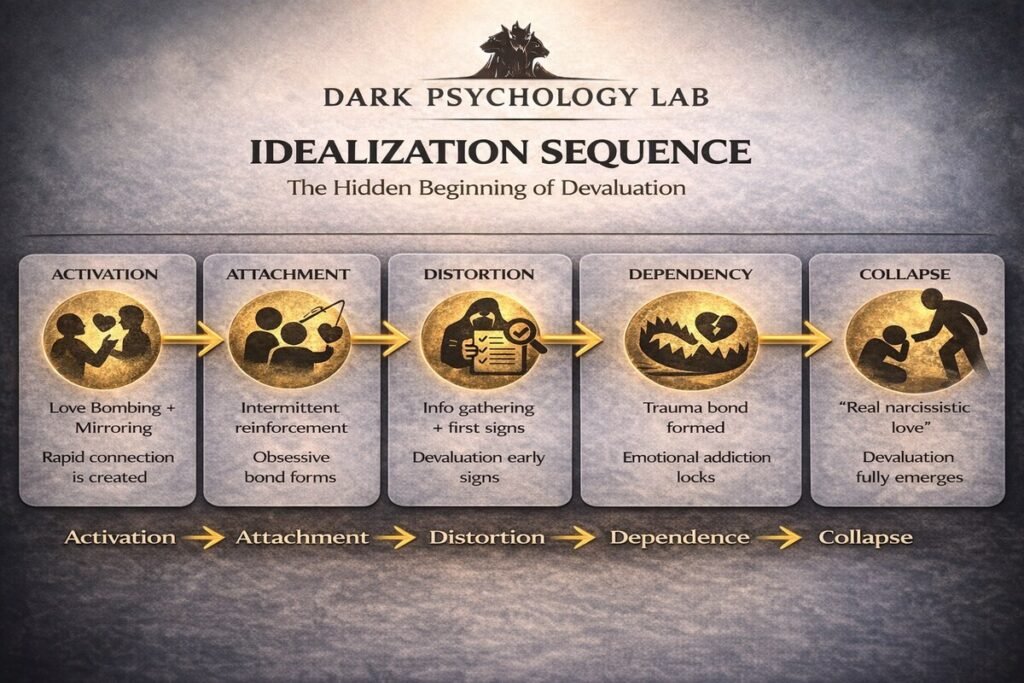 Idealization sequence infographic showing how narcissistic idealization progresses through activation, attachment, distortion, dependence, and collapse into devaluation